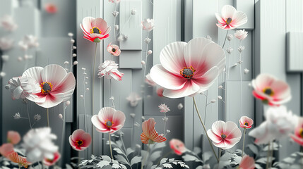 A wall covered in a floral design with pink and white flowers