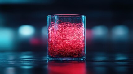 A glass cylinder encases a cluster of glowing red wires, symbolizing connection, energy, and the convergence of high-tech engineering and artistic design in a modern context.