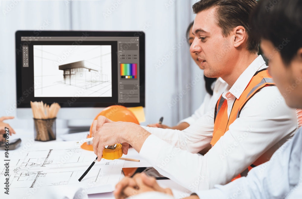 Aufkleber diverse group of civil engineer and client working together on architectural project, reviewing cons