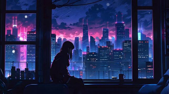 anime girl in winter with snowfall outside the window. seamless loop lofi animation