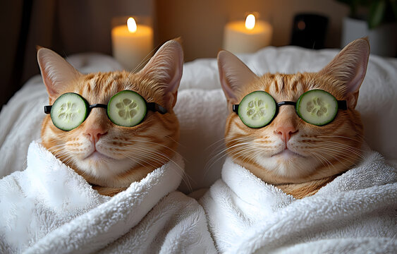 Cats resting on a bed with cucumbers on their eyes