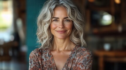 charismatic middleaged woman portrait genuine smile confident pose vibrant turquoise background natural lighting enhancing features