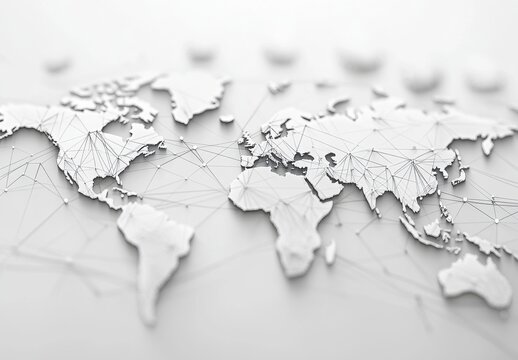 Fototapeta Abstract global network concept with a world map and connection lines, a technology background in white and grey colors Generative AI