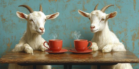 Fototapeta premium Two white goats are drinking tea at a table in a cozy atmosphere. The tea party scene