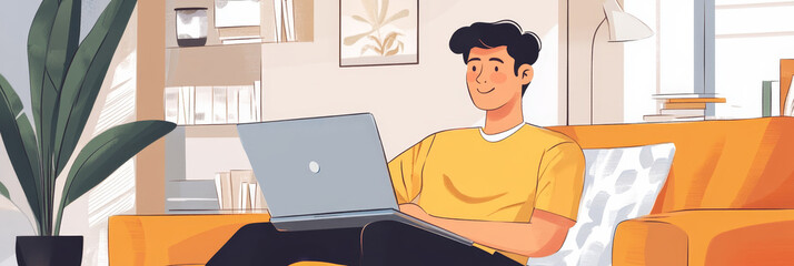 A young man is sitting on a couch at home, looking at a laptop screen. He is smiling, suggesting he is engaged with what he is watching. This image represents online learning, webinars, remote work, a