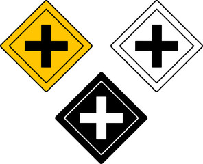 Road Intersection Signs. Warning Road Signs. Yellow, Black, and White Vector Icons