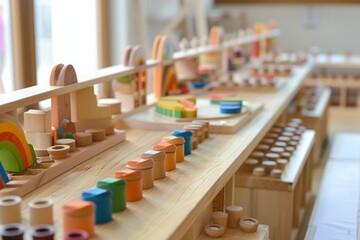 Bright Montessori classroom with wooden educational toys and colorful learning materials neatly arranged on long tables. Early childhood development and sensory play environment. Generative AI
