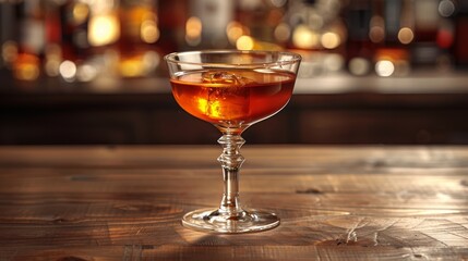 A beautifully crafted cocktail served in an elegant glass on a wooden bar amidst a warm, inviting atmosphere