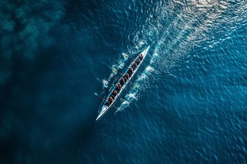 An aerial drone shot of a rowing team on the ocean, capturing the beauty and power of teamwork. The boat glides across the deep blue water, showcasing the athletes' synchronized movements as they row 