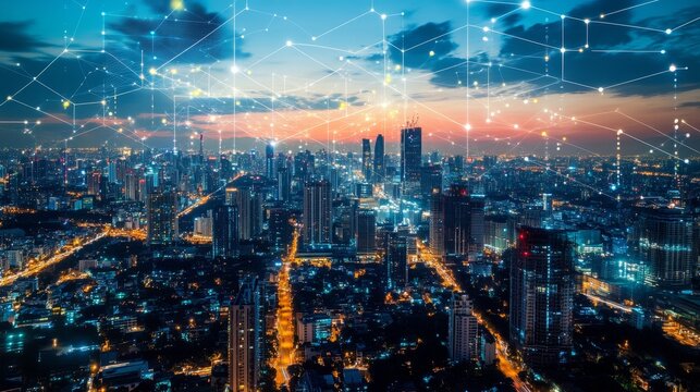 An aerial view of a bustling modern city at night, with illuminated buildings and a network of glowing lines symbolizing communication, connectivity, and the digital age. This image represents the fus