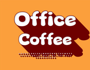 Vector creative template Office Coffee. White Font with big brown Shadow. Isometric Alphabet Letters an Numbers set