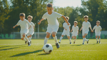 Obraz premium Young male soccer player dribbling the ball on a lush soccer field with his teammates giving chase