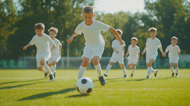 Young male soccer player dribbling the ball on a lush soccer field with his teammates giving chase