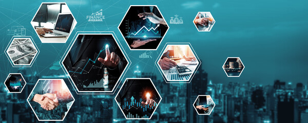 Futuristic business digital financial data technology concept for future big data analytic and business intelligence research for businessman analyst invest decisions making panoramic banner kudos