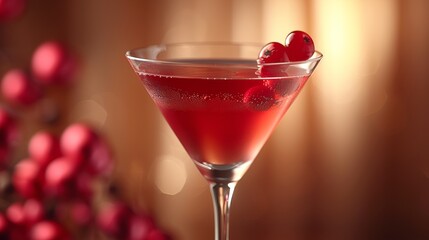 A vibrant red cocktail garnished with cherries in a stylish glass against a warm, blurred background