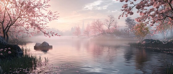Fototapeta premium Tranquil Misty Lake with Pink Cherry Blossoms and Distant Towers