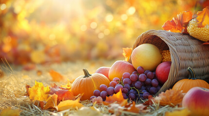 A vibrant autumn harvest scene with a cornucopia filled with pumpkins, apples, grapes, and corn, overflowing onto a bed of hay, soft sunlight filtering through golden leaves in the background