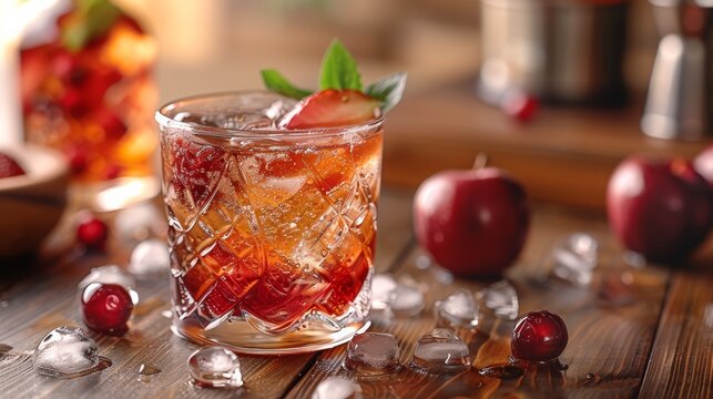 Refreshing cocktail in a glass with fresh fruit garnishments on a rustic wooden table in a cozy setting