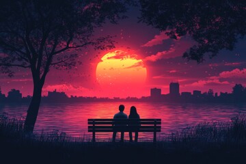 Obraz premium Two Gen Z individuals on a park bench, holding hands with a vibrant sunset backdrop, symbolizing a romantic date. Generative AI