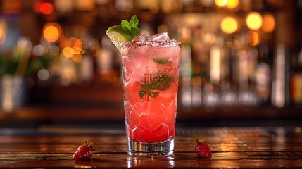 Refreshing strawberry cocktail with mint and lime served at a lively bar during a summer evening