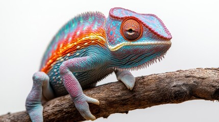 Fototapeta premium closeup portrait of a vibrant chameleon perched on a branch its textured skin displaying a kaleidoscope of colors against a crisp white background