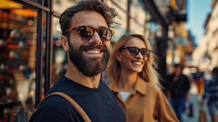 Smiling couple, city shopping, man with beard and sunglasses, wife with glasses, woman ahead with brown bag, abstract store windows, fun urban day out.