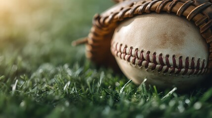 Detailed close-up of a baseball nestled in a glove on lush green grass, depicting the readiness for a game and the timeless nature of the sport.