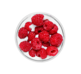 Glass of tasty yogurt with fresh raspberries on white background