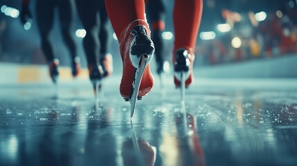 Fototapeta premium Skaters gliding on the ice during a competitive event in an indoor rink in the evening, showcasing athleticism and speed
