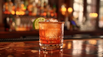 Refreshing cocktail served with a lime wedge at an elegant bar during the evening ambiance