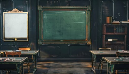 Virtual classroom design with green chalkboard, black wall, vintage whiteboard, and desks arranged for learning