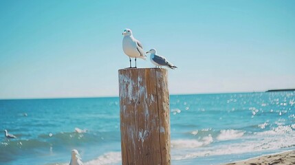  Two seagulls perched on a wooden post by the ocean on a sunny day, overlooking the endless blue water and white sandy beach