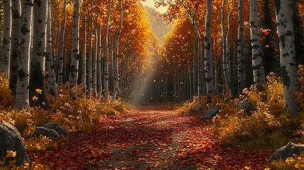 Fototapeta premium A forest trail illuminated by sunlight filters through the leaves