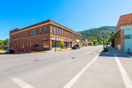 McKinley Avenue, the main street through historic Kellogg Idaho in the Silver Valley district. Once a booming mining town, now a popular ski resort, August 19 2024.