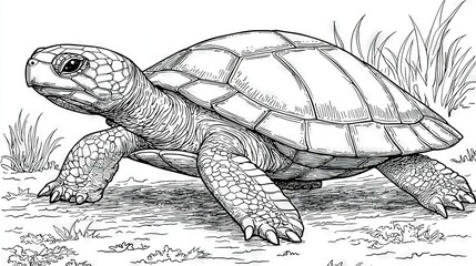 Fototapeta premium A black-and-white drawing portrays a turtle resting on the ground amidst lush grass and weeds in the background