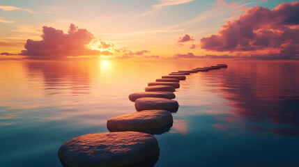 Calm Sunset Landscape Featuring Stepping Stones Leading Through the Beauty