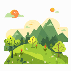Obraz premium Landscape with mountains, trees and flowers. Vector illustration in flat style
