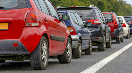 Endless Traffic Jam: A Long Line of Cars Stuck on the Highway Caused by a Construction Site Disrupting the Flow of Traffic Indefinitely