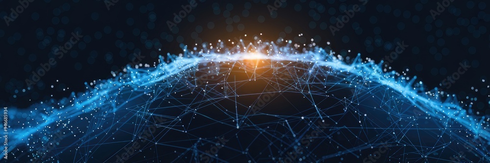 Poster abstract data technology background featuring interconnected dots and lines on a dark backdrop. 3d r