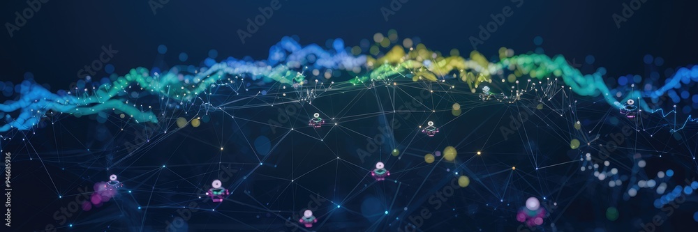 Poster abstract data technology background featuring interconnected dots and lines on a dark backdrop. 3d r