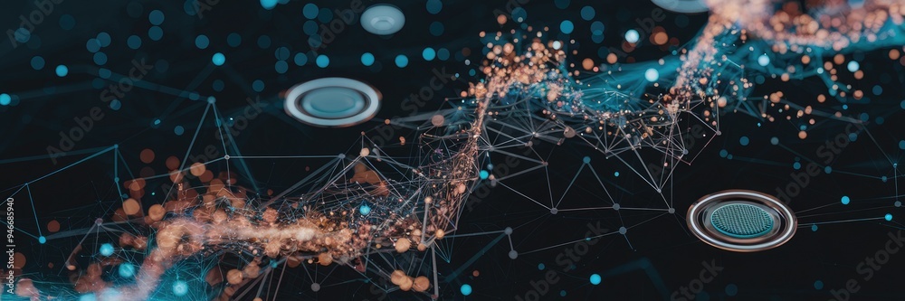 Poster abstract data technology background featuring interconnected dots and lines on a dark backdrop. 3d r