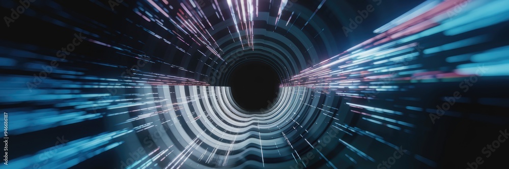 Poster abstract multicolored radial zoom effect with blurred tunnel on dark backdrop. dynamic light rays cr