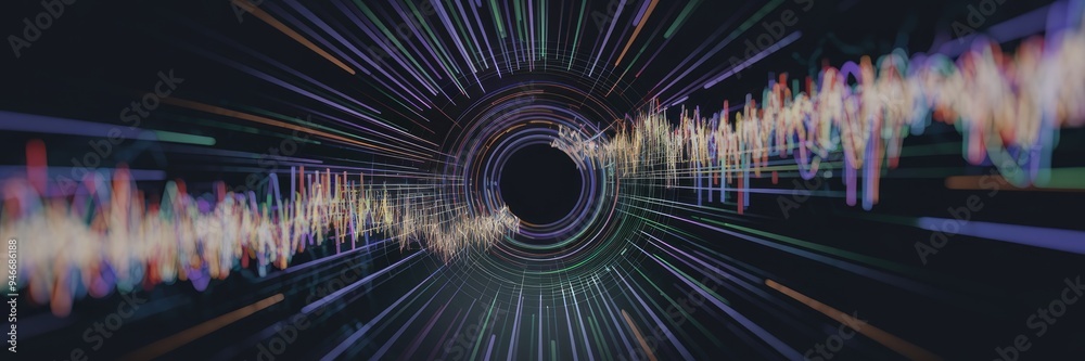 Poster abstract multicolored radial zoom effect with blurred tunnel on dark backdrop. dynamic light rays cr
