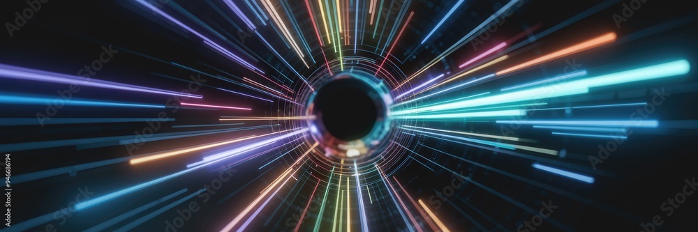 Fototapete Abstract multicolored radial zoom effect with blurred tunnel on dark backdrop. Dynamic light rays create a sense of speed and motion in a data flow tunnel.
