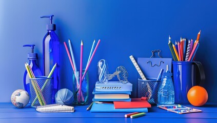 bright cobalt blue canvas highlighting a fresh start to the school year with essential educational supplies attractively arranged