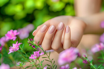 Fototapeta premium hand with a natural beige polish, purple flowers, summer, modern clean manicure, classic short shape nails, woman's beauty