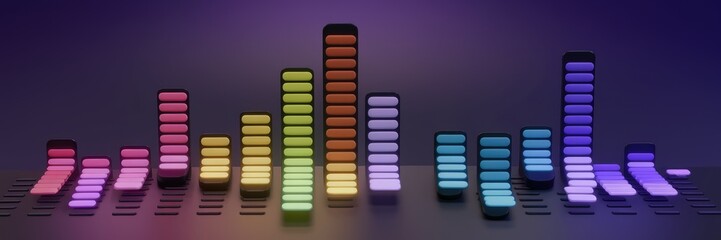 Audio equalizer graphic with stylized sound waves effect.