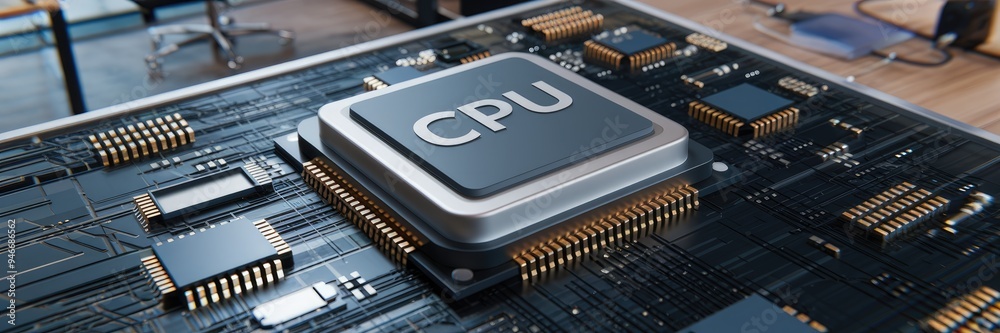 Aufkleber conceptual 3d rendering of a central processing unit on a circuit board, illustrating advanced compu