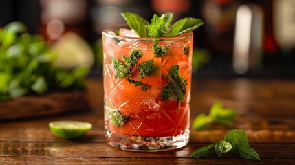 Refreshing cocktail with mint and fruit garnishes served on wooden table at a bar in the evening