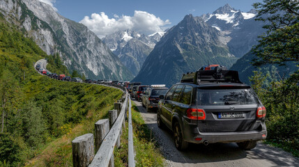 Endless Traffic Jam: A Long Line of Cars Stuck on the Highway Caused by a Construction Site Disrupting the Flow of Traffic Indefinitely